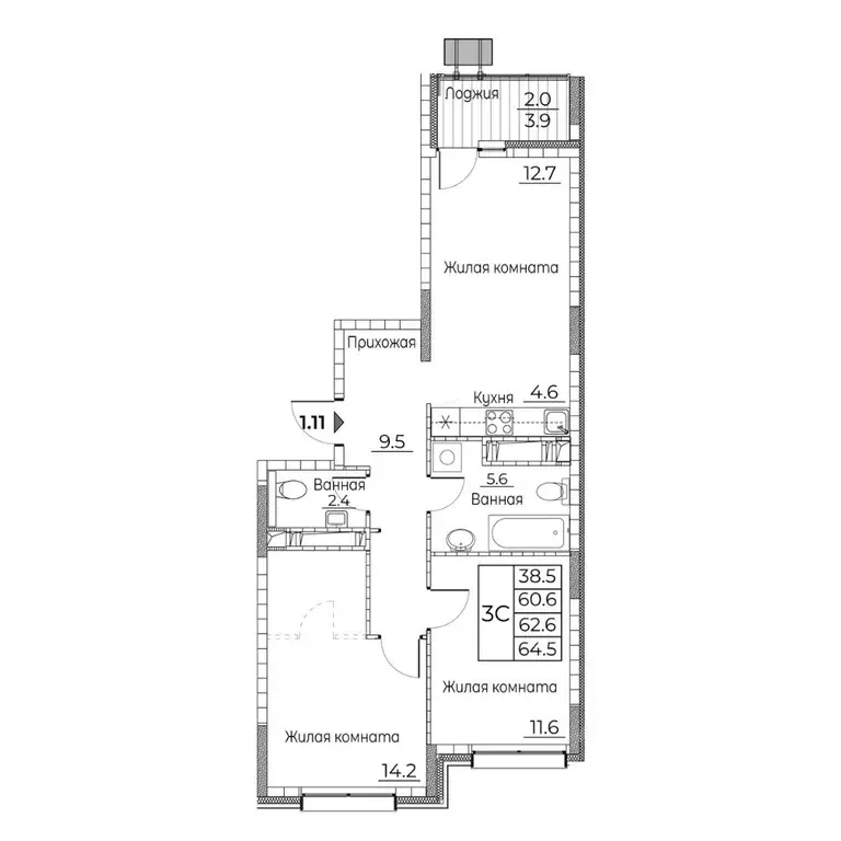 3-к кв. Приморский край, Владивосток ул. Расула Гамзатова, 7к2 (63.6 ... - Фото 2