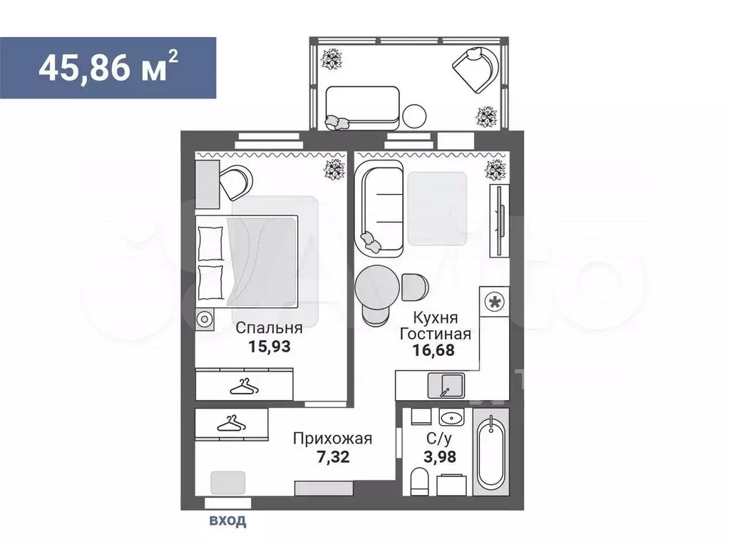 1-к. квартира, 43,7 м, 6/6 эт. - Фото 0