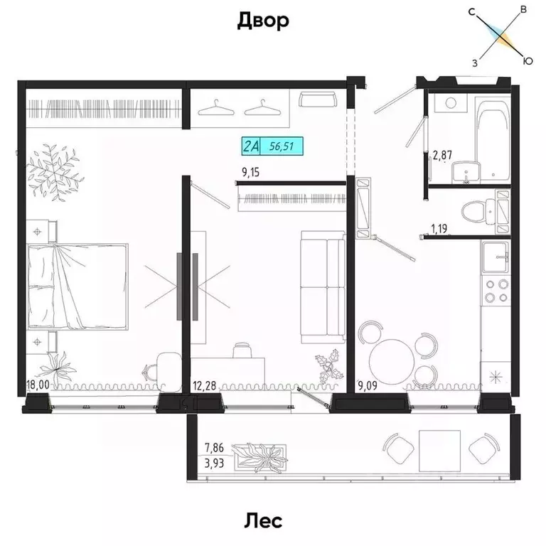 2-к кв. Томская область, Томск тракт Иркутский, 185Б (56.51 м) - Фото 0