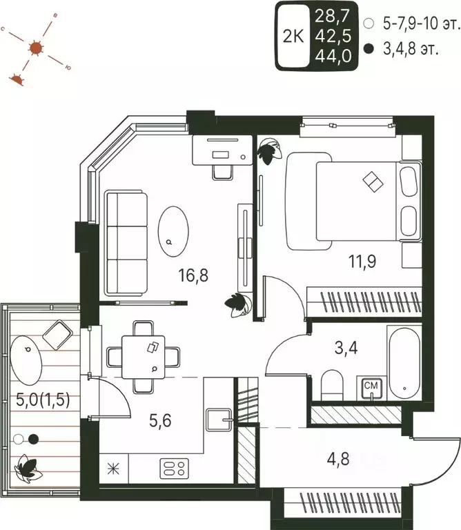 Студия Пермский край, Пермь ул. Серебристая, 1 (44.0 м) - Фото 1