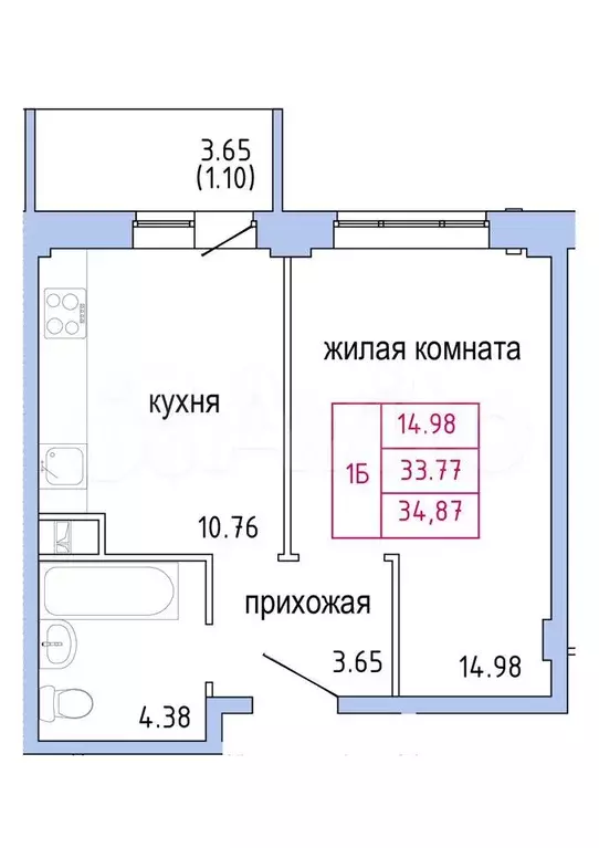 1-к. квартира, 34.9 м, 4/9 эт. - Фото 1