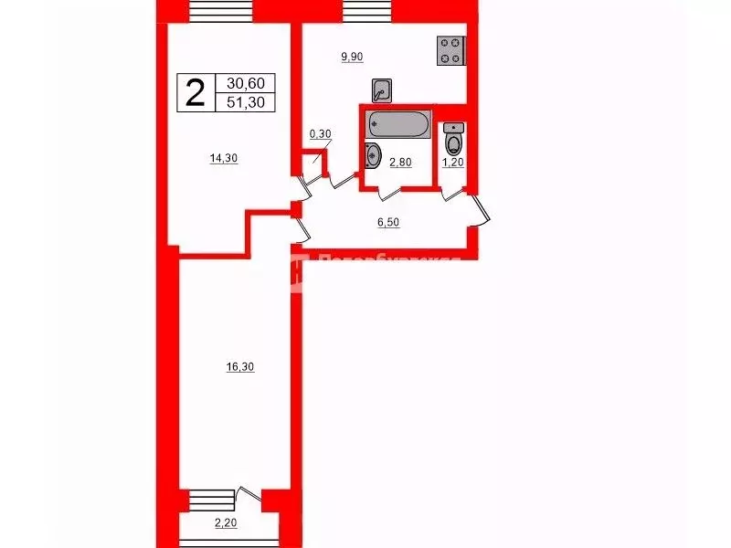 2-к кв. Санкт-Петербург ул. Дыбенко, 12К1 (51.3 м) - Фото 1