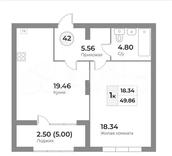1-к. квартира, 49,9 м, 3/7 эт. - Фото 1