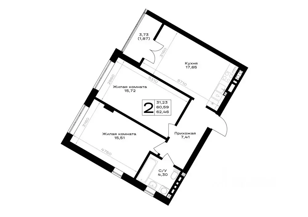 2-к кв. Калининградская область, Гурьевск Включи жилой комплекс (62.46 ... - Фото 0