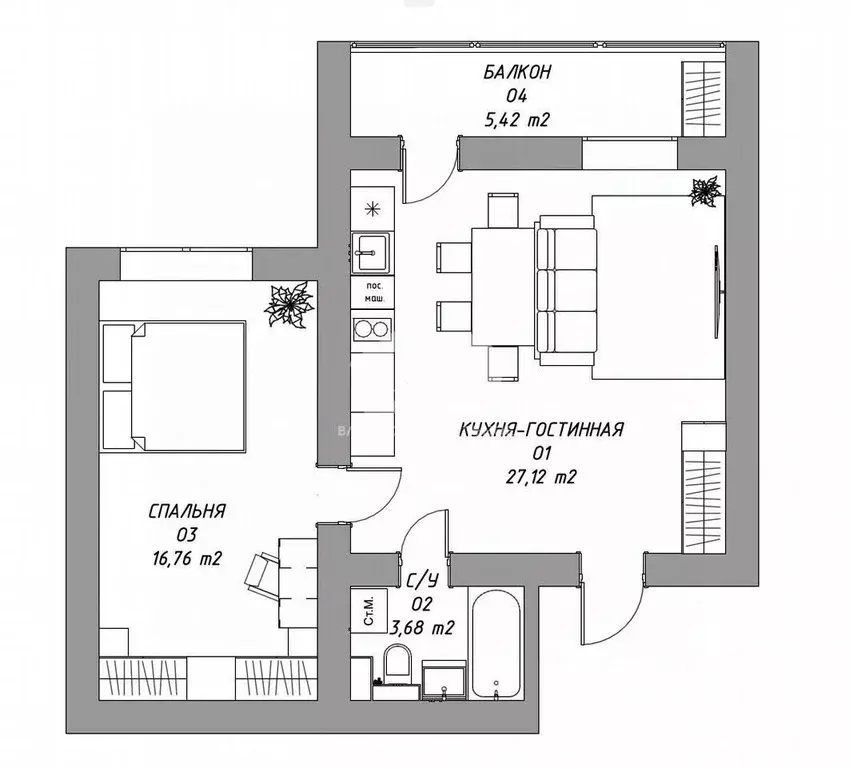 1-к кв. Новосибирская область, Новосибирск ул. Юности, 3 (52.0 м) - Фото 2