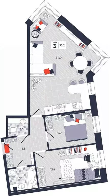 3-к кв. Тульская область, Тула ул. Академика Насоновой, 1А (72.2 м) - Фото 1