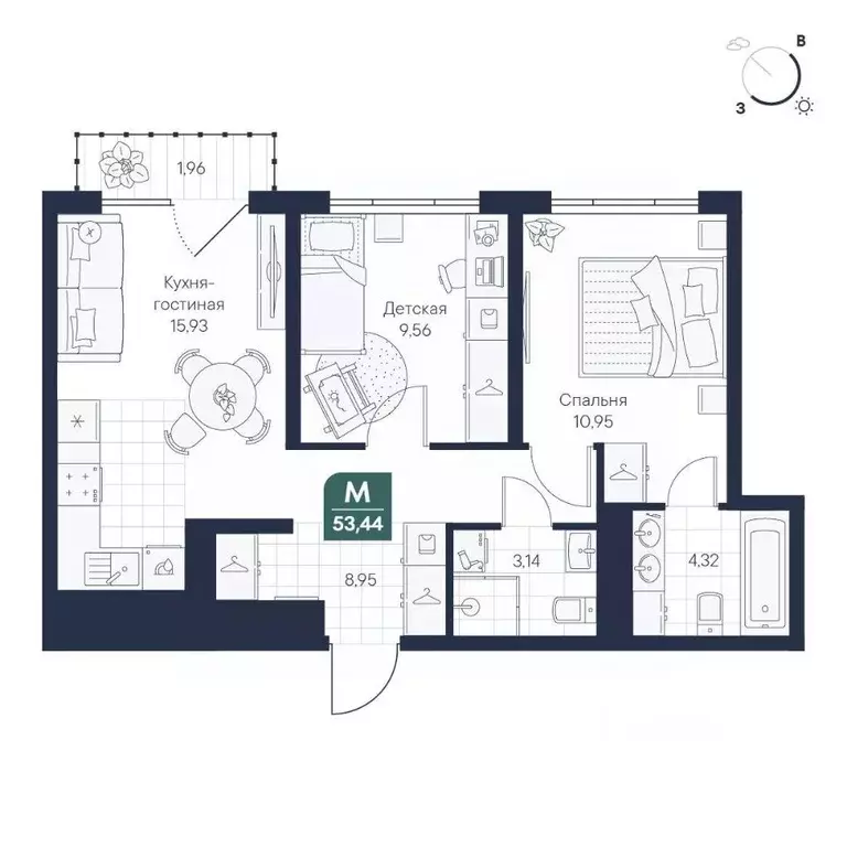 2-к кв. Новгородская область, Великий Новгород Медь кв-л,  (53.44 м) - Фото 1