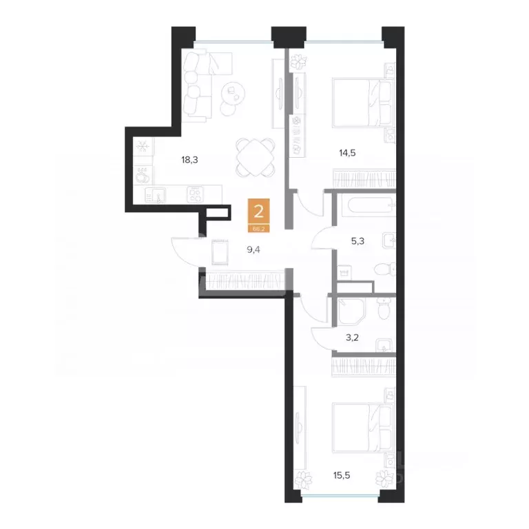 2-к кв. Курская область, Курск ул. Бойцов 9-й Дивизии, 2 (66.2 м) - Фото 2