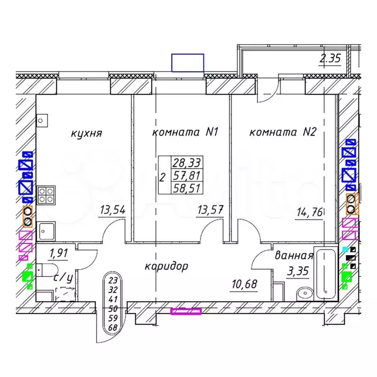 2-к. квартира, 58,5 м, 6/9 эт. - Фото 0