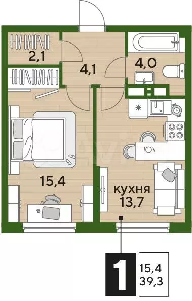 1-к. квартира, 39,3 м, 10/16 эт. - Фото 1