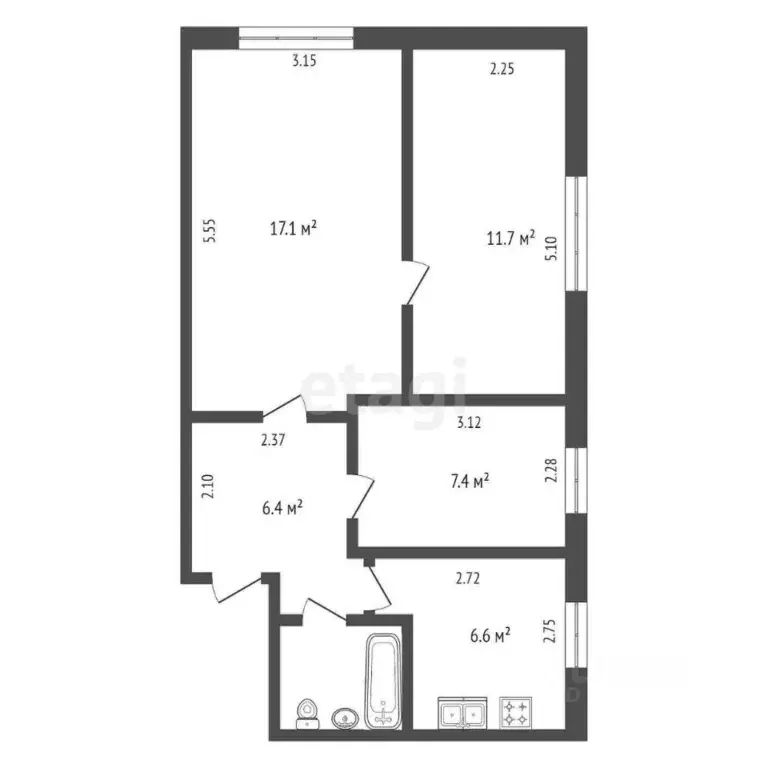 3-к кв. Калужская область, с. Перемышль ул. Гагарина, 7 (52.0 м) - Фото 2