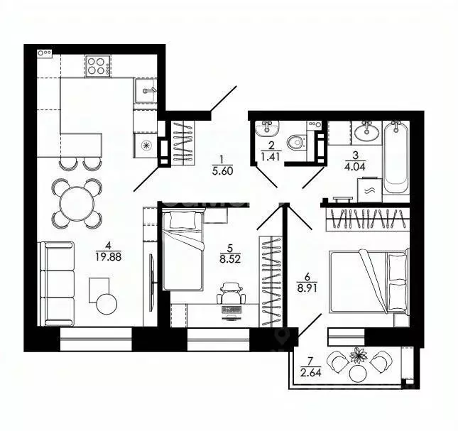 2-к кв. Липецкая область, Липецк ул. Е.И. Замятина, 1 (53.0 м) - Фото 1