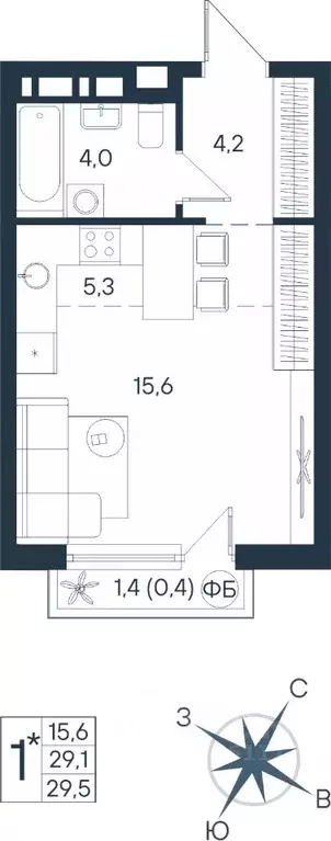 Студия Пермский край, Пермь ул. Космонавта Беляева, 17 (29.5 м) - Фото 1