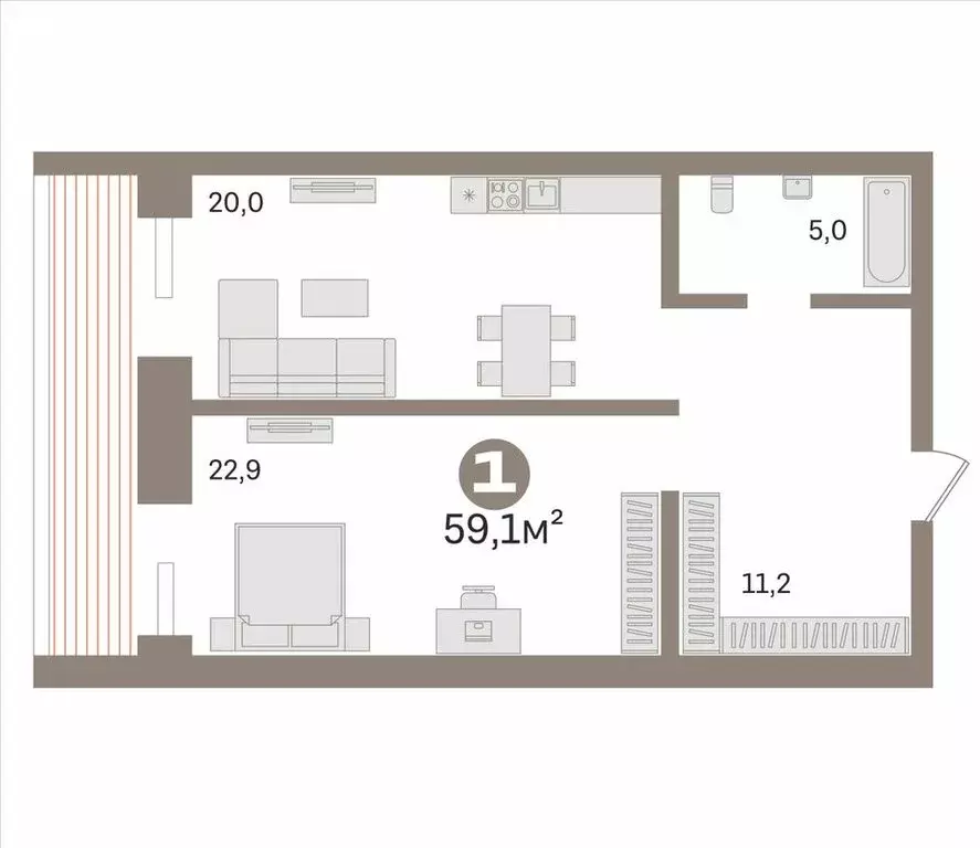1-комнатная квартира: Тюмень, улица Салтыкова-Щедрина, 58/3 (59.1 м) - Фото 1