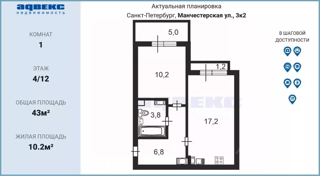 1-к кв. Санкт-Петербург Манчестерская ул., 3к2 (45.0 м) - Фото 1