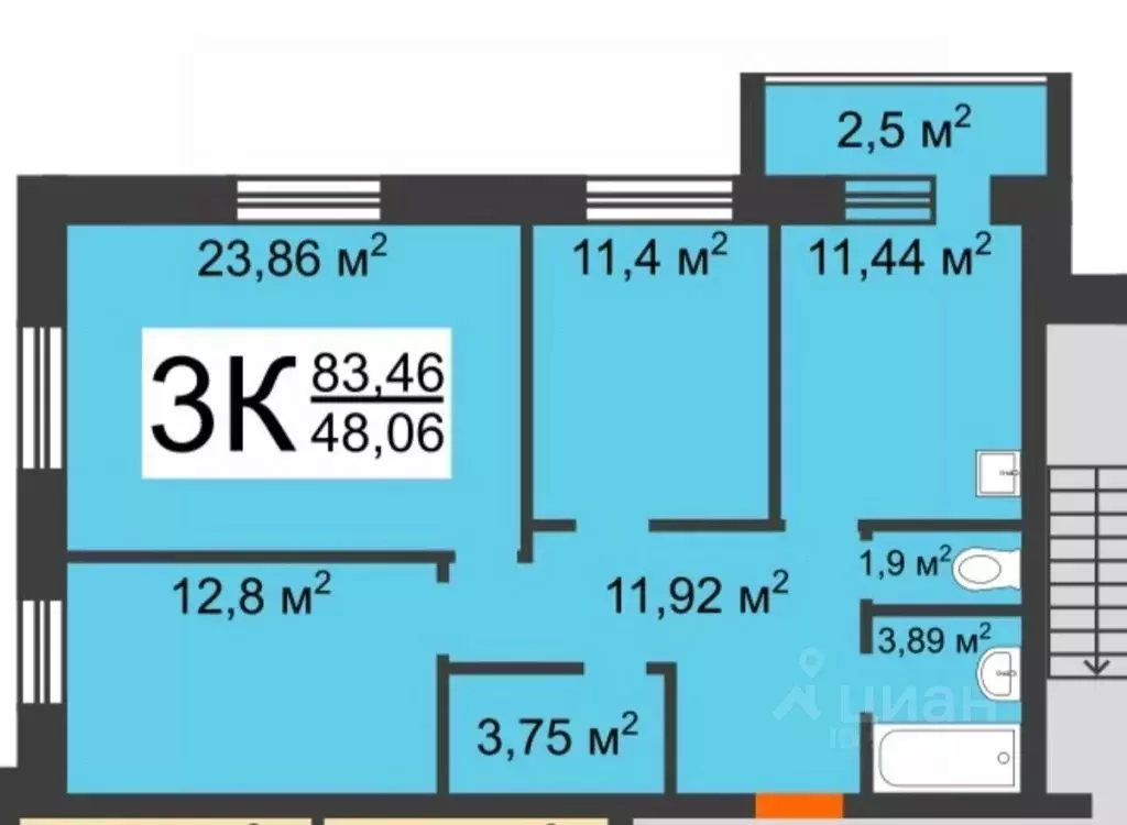 3-к кв. Нижегородская область, Нижний Новгород ул. Ванеева, 40Б (85.0 ... - Фото 2