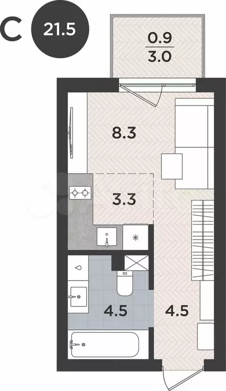 1-к. квартира, 21,5 м, 1/9 эт. - Фото 1