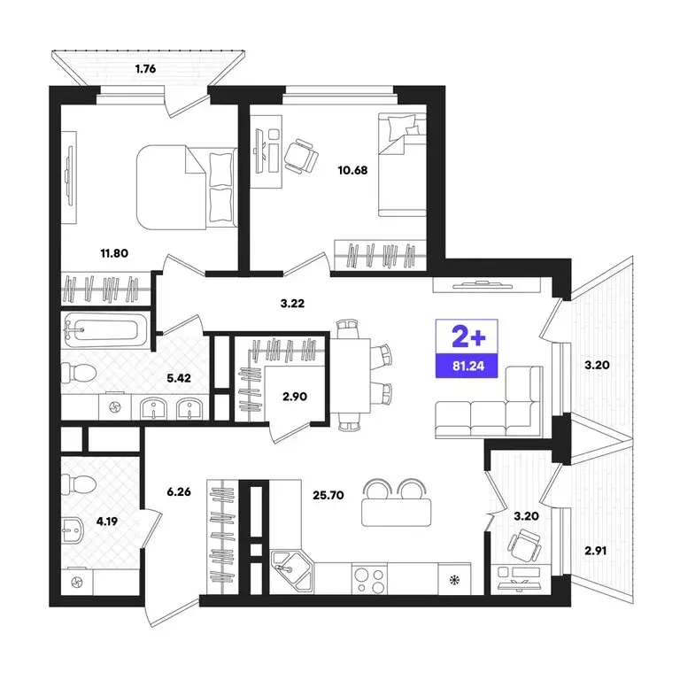 2-комнатная квартира: Тюмень, жилой комплекс Отличие (81.24 м) - Фото 0
