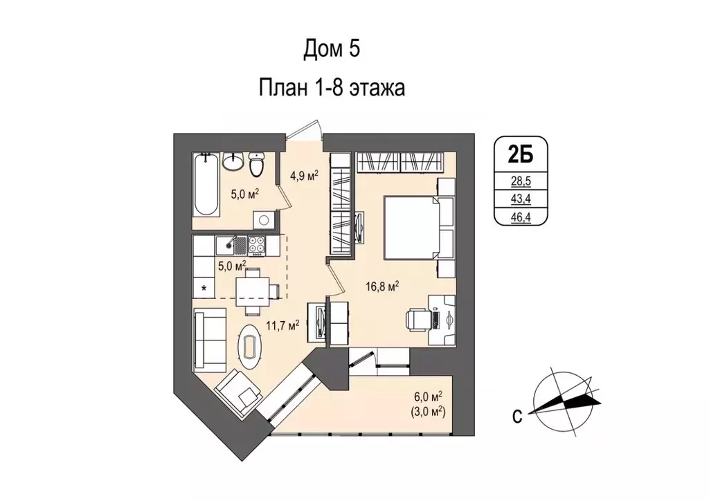 2-к кв. Кемеровская область, Кемерово 55-й мкр, 5 (46.4 м) - Фото 0