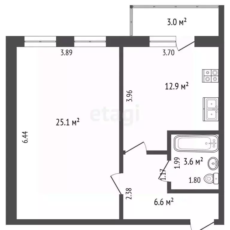 1-к кв. Вологодская область, Вологда ул. Чехова, 18 (48.2 м) - Фото 2