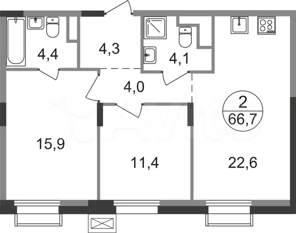 2-к. квартира, 66,7 м, 4/9 эт. - Фото 0