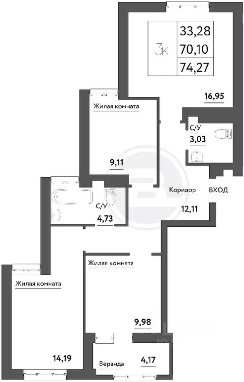 3-к кв. Самарская область, Самара Корабельная ул., 13 (74.27 м) - Фото 0