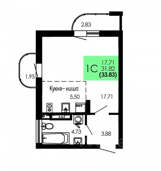 Студия Воронежская область, Воронеж Оникс жилой комплекс (33.83 м) - Фото 1