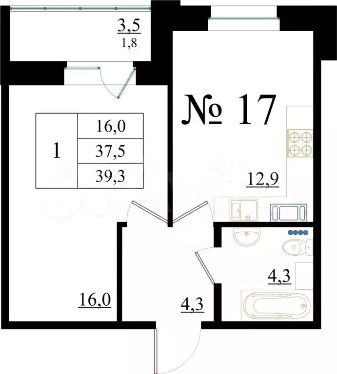 1-к. квартира, 39,3 м, 2/8 эт. - Фото 0