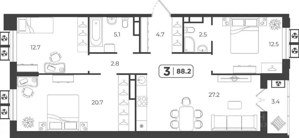 3-к кв. Тюменская область, Тюмень Холодильная ул., 31к1 (92.0 м) - Фото 1