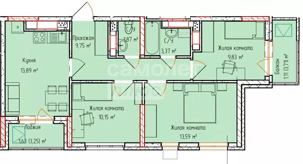 3-к кв. Удмуртия, Ижевск ул. Грибоедова, 30А (65.19 м) - Фото 1