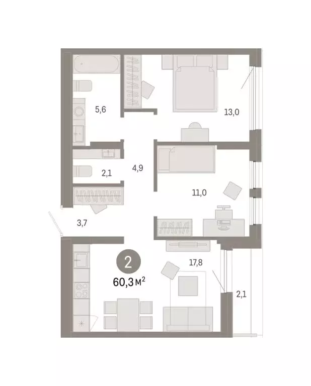 2-комнатная квартира: Тюмень, улица Республики, 205к1 (60.26 м) - Фото 1