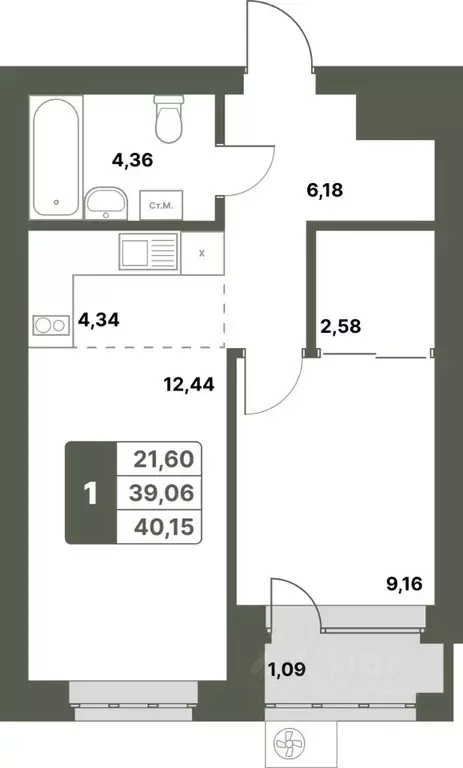 1-к кв. Башкортостан, Уфимский район, с. Миловка  (40.15 м) - Фото 1