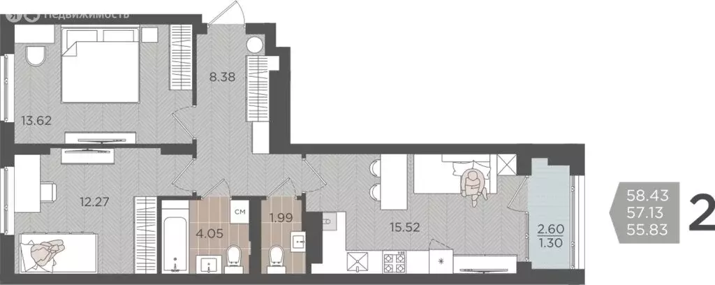 2-комнатная квартира: Калининград, Батальная улица, 65Б (57.13 м) - Фото 0