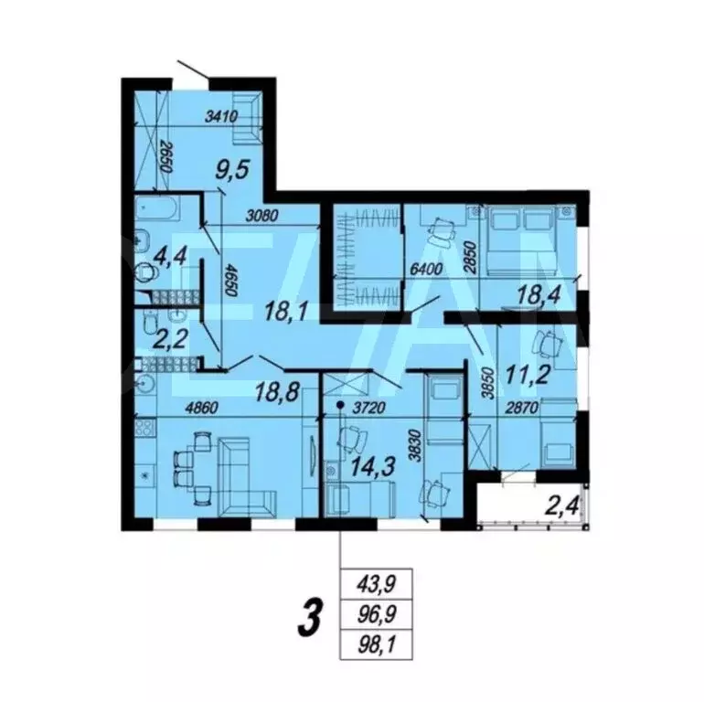 3-комнатная квартира: Екатеринбург, улица Блюхера, 97 (97.3 м) - Фото 1