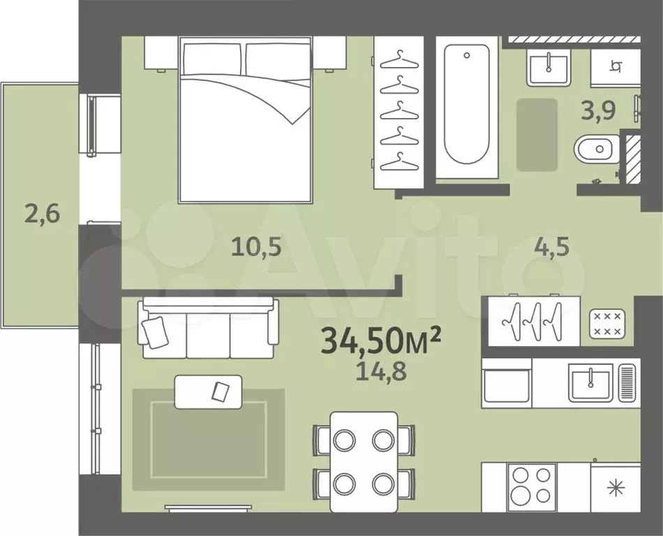 1-к. квартира, 34,5 м, 6/8 эт. - Фото 0