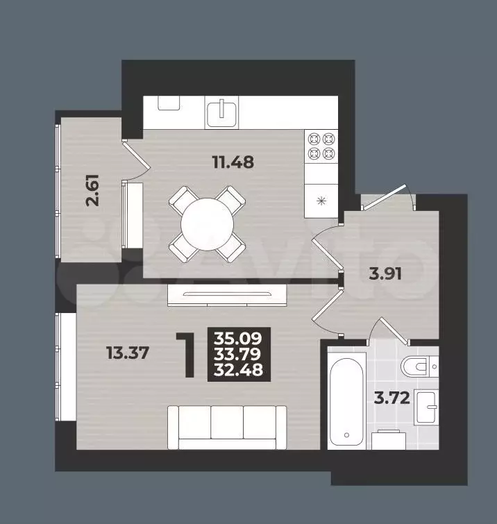 1-к. квартира, 35 м, 5/9 эт. - Фото 1