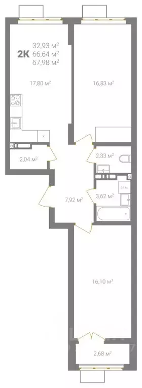 2-к кв. Нижегородская область, Нижний Новгород Ветеринарная ул. (67.98 ... - Фото 2