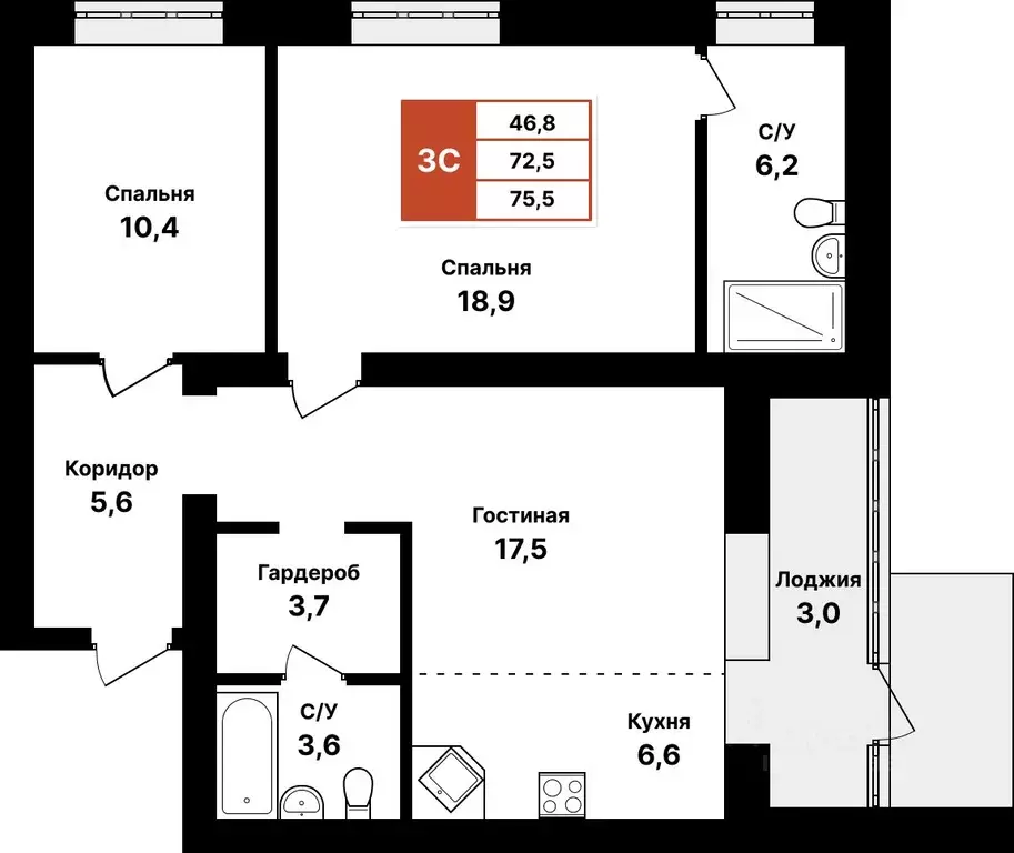 3-к кв. Башкортостан, Уфа Кузнецовский Затон мкр,  (75.5 м) - Фото 0
