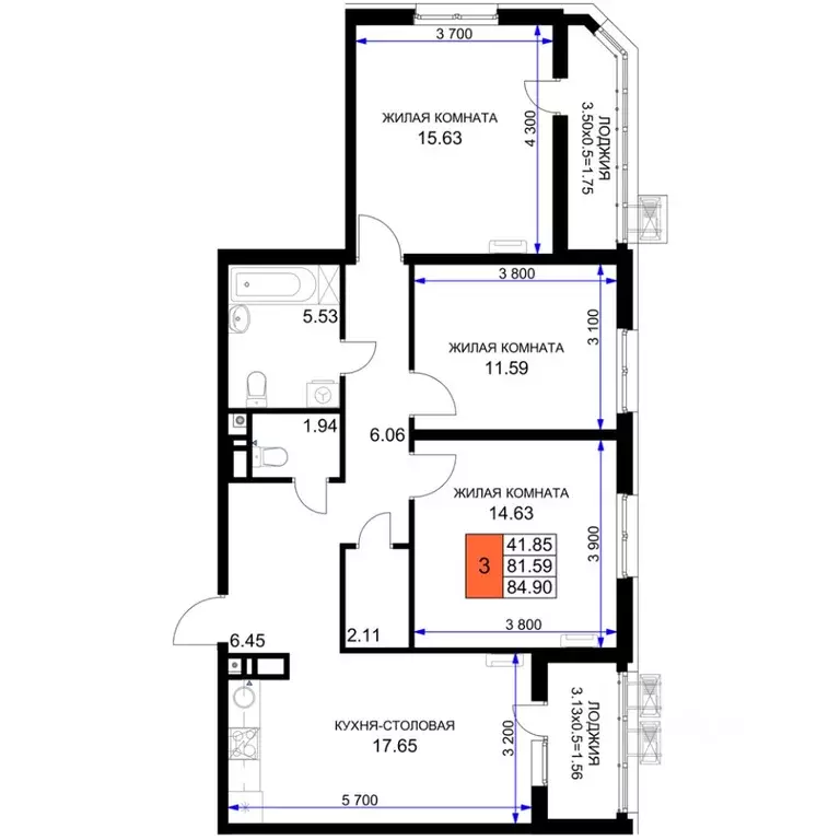 3-к кв. Краснодарский край, Краснодар Воронежская ул., 47/39 (84.9 м) - Фото 1