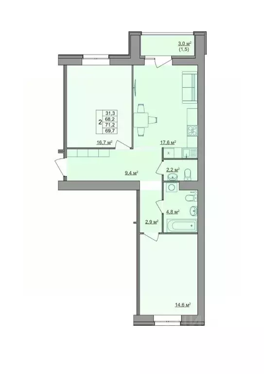 2-к кв. Костромская область, Кострома Магистральная ул., 49А (69.7 м) - Фото 1