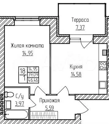 1-к. квартира, 46,5 м, 2/3 эт. - Фото 0