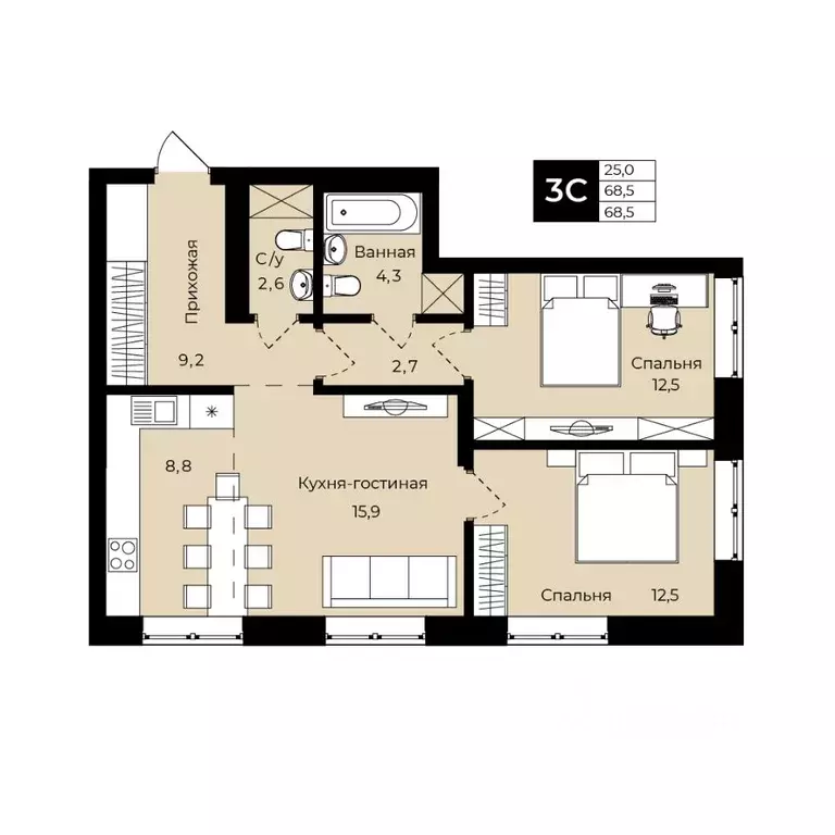 2-к кв. Башкортостан, Уфа ул. Ленина, 192 (68.5 м) - Фото 1