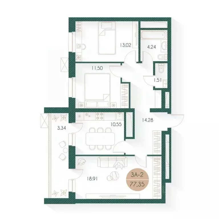 3-к кв. Татарстан, Казань ул. Родины, 20/2 (77.35 м) - Фото 1