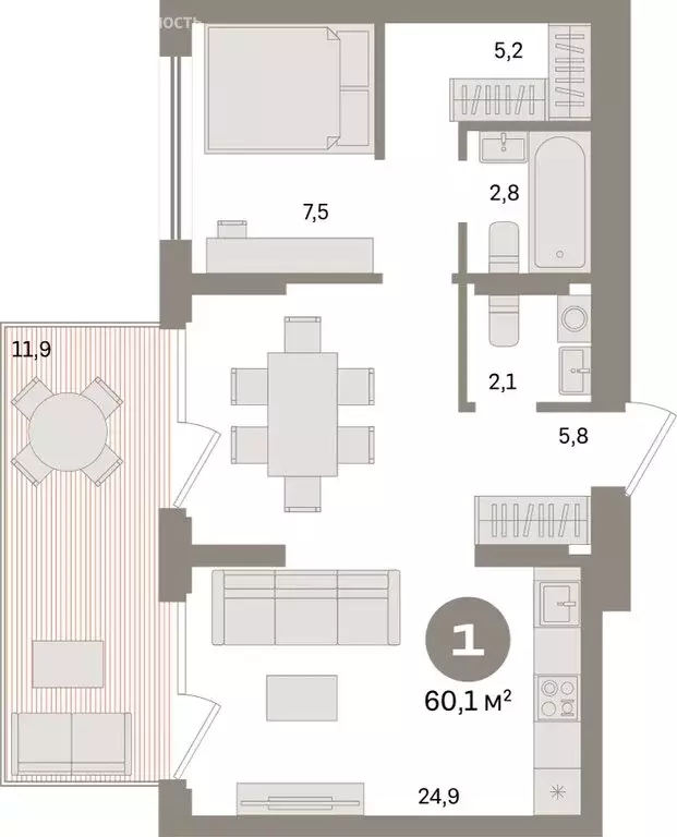 1-комнатная квартира: Екатеринбург, улица Академика Ландау, 7 (60.13 ... - Фото 1