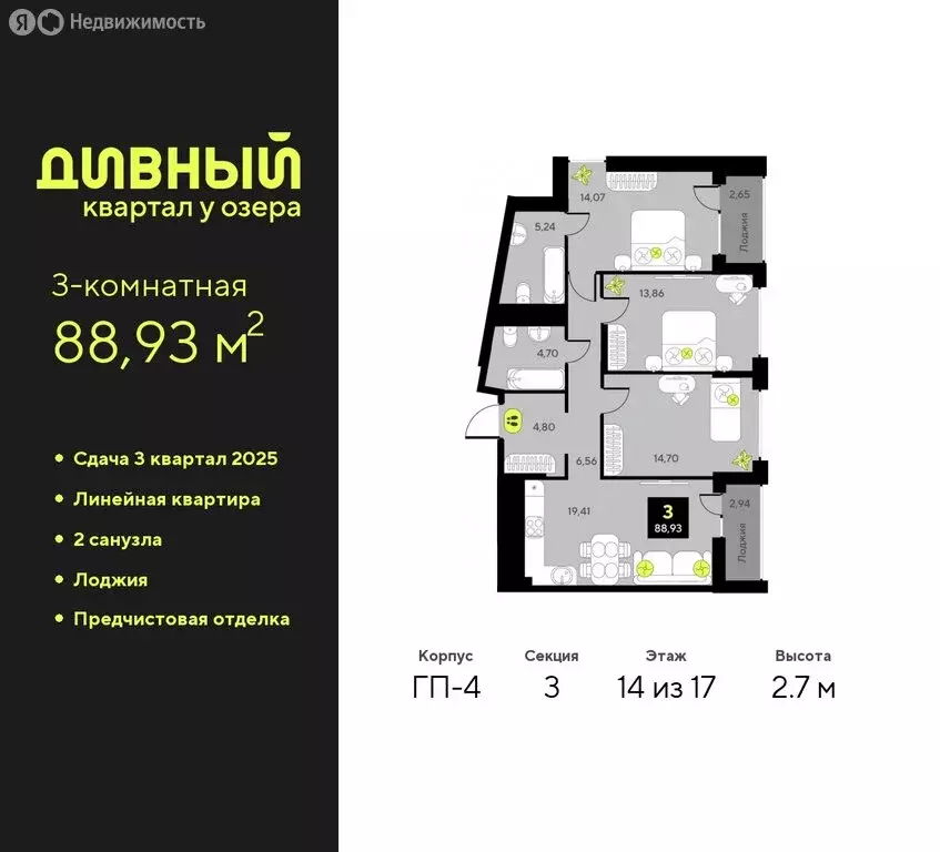 3-комнатная квартира: Тюмень, жилой комплекс Дивный Квартал у Озера ... - Фото 0