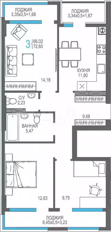 3-к. квартира, 72,6м, 4/8эт. - Фото 0