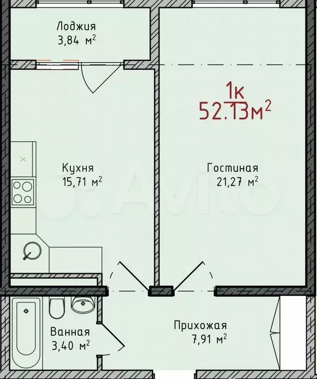 1-к. квартира, 52,1 м, 6/8 эт. - Фото 1