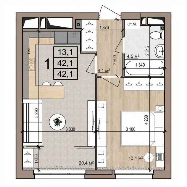 1-к кв. Рязанская область, Рязань ул. Новоселов, 33Б (42.1 м) - Фото 1