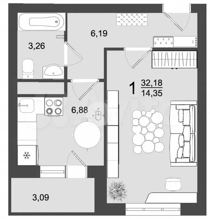 1-к. квартира, 30,7 м, 3/9 эт. - Фото 0