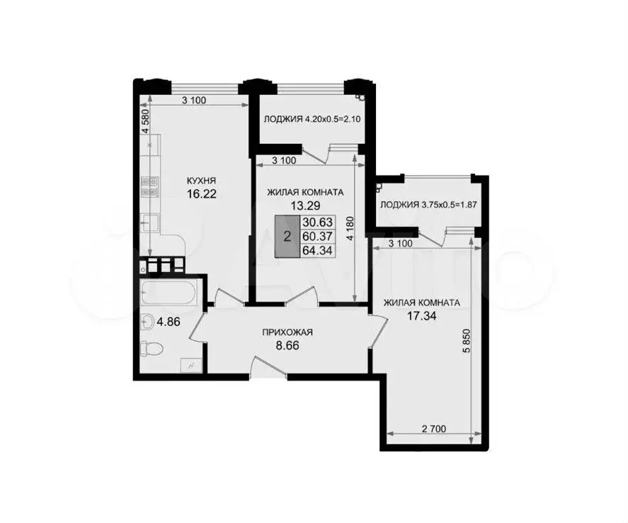 2-к. квартира, 64,3 м, 3/8 эт. - Фото 1